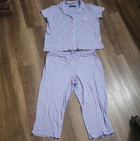 Lauren Ralph Lauren Black Label Striped Pajama Set Pink Blue RL Logo Lounge - Picture 3 of 17